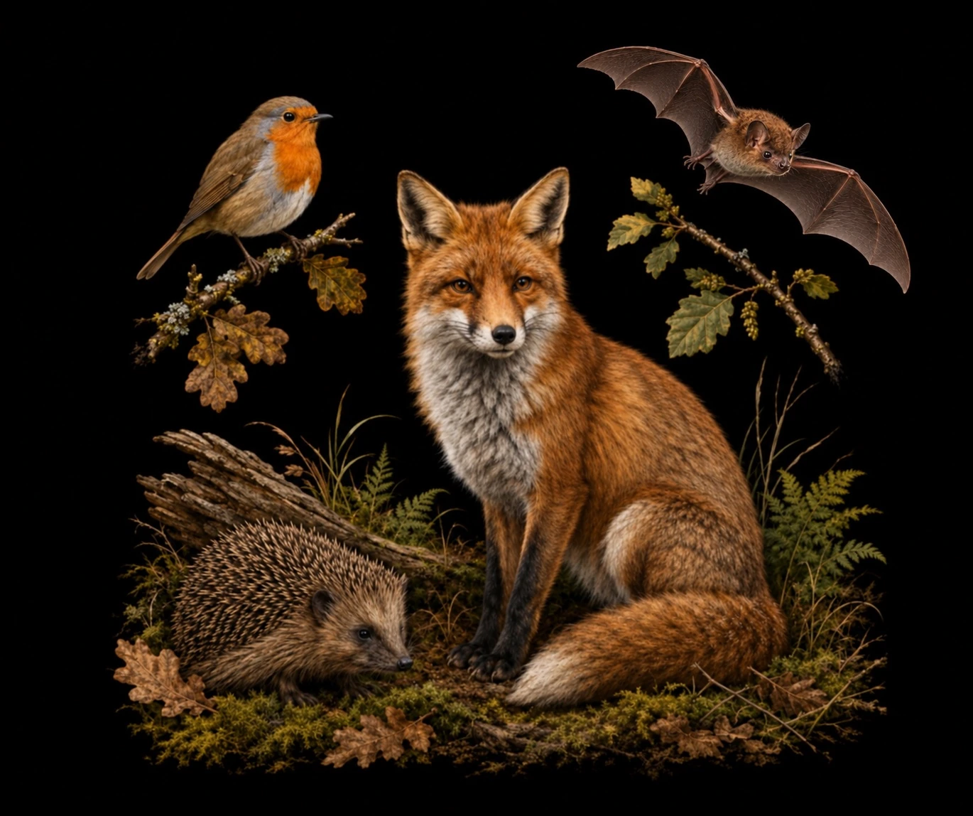 A robin, fox, hedgehog and bat in a natural woodland scene against a black background
